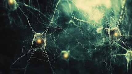 Close-up view of neurons in a dark background, showcasing intricate connections and glowing bodies