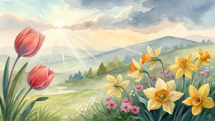 Watercolor landscape of bright tulips and daffodils under a gentle spring sun, festive mood with copy space  