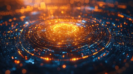 Abstract digital swirl of glowing orange and blue lights, creating a mesmerizing vortex effect