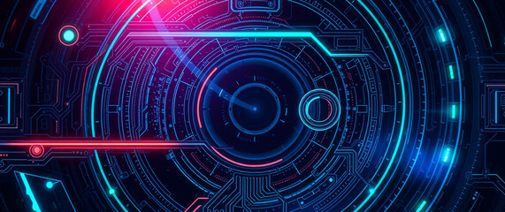 Fototapeta premium Futuristic abstract technology background featuring a glowing multi-colored neon tech circle with an empty center. Dynamic beams, moving binary code, and cube perspectives enhance the depth.
