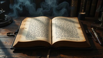 Obraz premium Ancient Manuscript Open on Wooden Desk