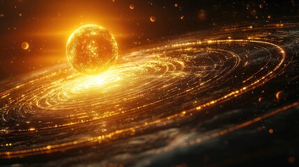 Glowing sun radiates energy in a cosmic scene with swirling planets and shimmering stars