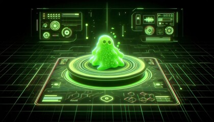 Futuristic Green Ghost Hologram on Digital Interface