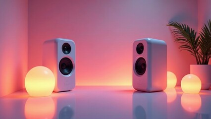 Stylish modern audio speakers in a vibrant room setting with ambient lighting