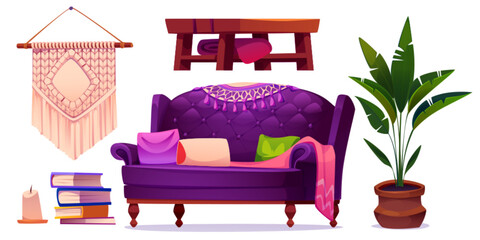 Boho living room furniture set isolated on white background. Vector cartoon illustration of purple sofa with color cushions and blanket, stack of books, macrame wall decoration, wooden table, flower