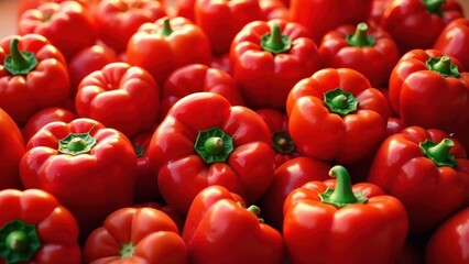 A vibrant collection of ripe, red bell peppers, showcasing their smooth skin and glossy texture, abundant harvest, close-up view