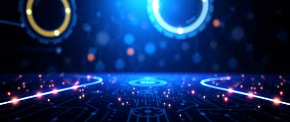 Futuristic abstract technology background featuring a glowing multi-colored neon tech circle with an empty center. Dynamic beams, moving binary code, and cube perspectives enhance the depth.