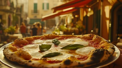 traditional margherita pizza plated on silver tray, charred artisanal crust, fresh torn mozzarella dollops, scattered basil leaves, sun-ripened tomato sauce, italian marketplace scenery, soft bokeh