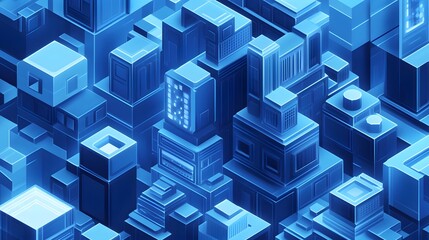 Abstract isometric city landscape is displayed in glowing blue tones
