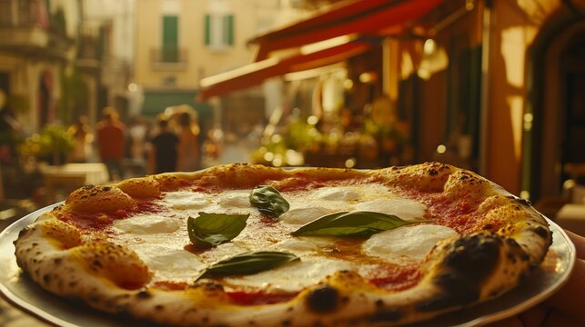 traditional margherita pizza plated on silver tray, charred artisanal crust, fresh torn mozzarella dollops, scattered basil leaves, sun-ripened tomato sauce, italian marketplace scenery, soft bokeh - Powered by Adobe