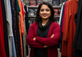 Fototapeta premium Woman stands confidently with arms crossed, surrounded by colorful clothing racks.