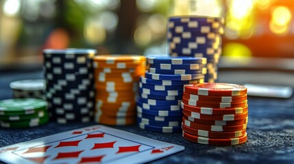 Fototapeta premium Poker chips stacks, cards, outdoor game