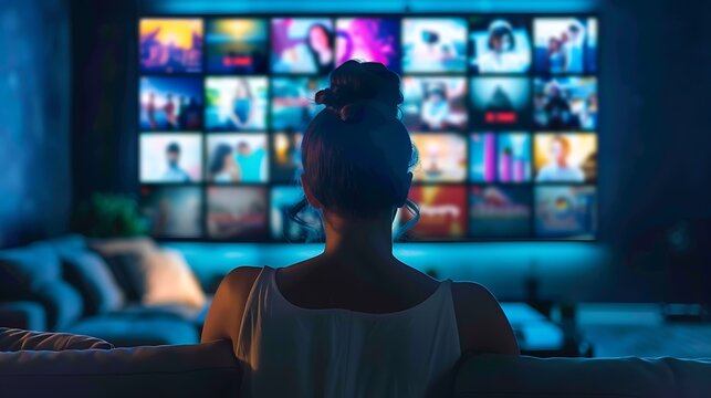 woman relaxes at home, watching a variety of shows on her large screen TV at night