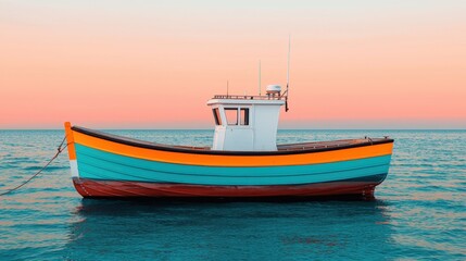 Naklejka premium Mediterranean, harbor, tradition, A vibrant fishing boat floats on calm waters under a pastel sunset, showcasing bright colors against a serene backdrop.