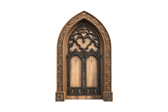 Ornate Gothic Wooden Door Majestic Medieval Architecture Intricate Carving
