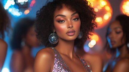 Woman In Sparkling 70s Dress, Disco Party Atmosphere