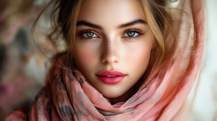 Naklejka premium Close Up Portrait Of Woman With Pink Scarf