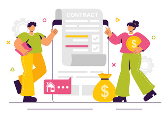 Smart Contract Vector Illustration featuring an Electronic Contract, Digital Document, and Online User Agreement with a Secure Digital Signature