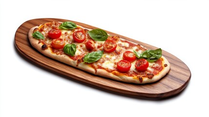 floating oval wooden board, stone-baked pizza masterpiece, perfectly charred crust, fresh dairy mozzarella, ripe cherry tomatoes, fragrant basil leaves, rustic Italian style, professional food