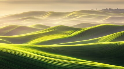 Lush Green Rolling Hills Under Soft Morning Light with Distant City Skyline in Background