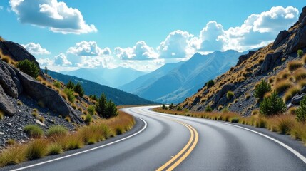 Fototapeta premium Asphalt ribbon curving through a mountainous landscape under a vibrant sky, flanked by rocky hillsides and sunlit grasses.