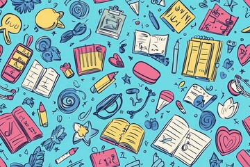 Cartoon back to school doodle seamless pattern background