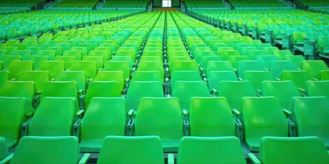 Fototapeta premium A vast expanse of vibrant green stadium seats, arranged in perfect rows, stretching towards a distant point, creating a captivating perspective of uniformity and anticipation.
