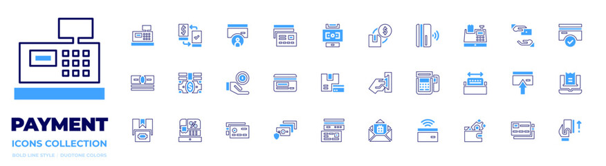Payment icon collection. Bold line style. Duotone colors. online money, cash on delivery, insert coin, box, credit card, gift, card, money