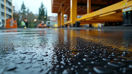 Rainy day construction site; workers and machinery blurred in background
