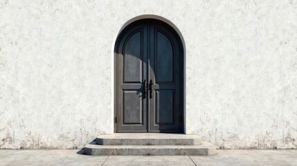 Arched Dark Wooden Double Door Entrance with Concrete Steps and Weathered Wall