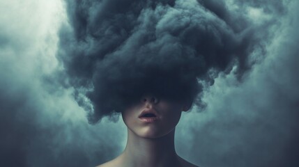 Woman under a cloud of dark smoke, an evocative depiction of mental turmoil
