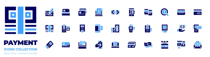 Payment icon collection. Bold style. Duotone colors. check, bills, credit card, atm, point of sale, receipt, dataphone, pay, cash register, pay day
