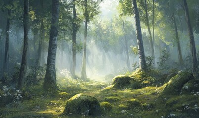 Obraz premium A misty forest scene with tall trees and moss-covered rocks, capturing the ethereal beauty of nature's untamed spirit. 