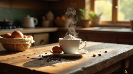 Fototapeta premium Warm kitchen sunlight illuminates a rustic wooden table, showcasing a steaming cup filled with flour, accompanied by eggs and coffee beans, creating a scene of cozy baking preparation.