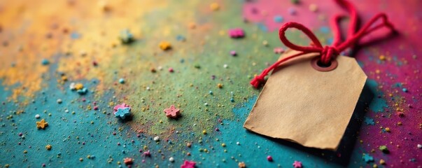 Tied brown paper tag, red string, multicolored background, brown tag, wholesale