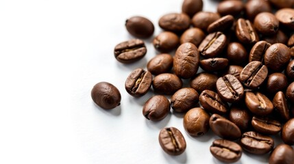 Roasted Coffee Beans Scattered on White Surface A Close-Up View of Aromatic, Dark Brown Beans