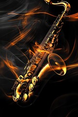 Fototapeta premium Dynamic music poster background featuring soffit-lit saxophone and electric guitar on a sleek black canvas, perfect for concert promotions and event advertisements