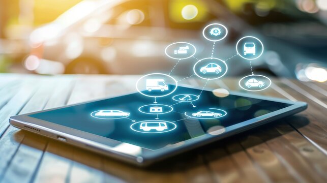Innovative fleet management application interface featuring electric vehicle icons on tablet display