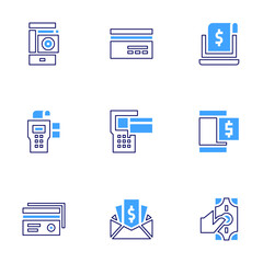 Payment icon set. Bold line style. Duotone colors. Editable stroke. online payment, credit card, pos terminal, receipt, pay, payroll, pay day, gift card, fuel