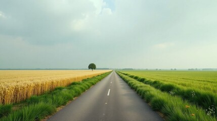 Fototapeta premium Serene Country Road Dividing Golden and Verdant Fields Under a Cloudy Sky