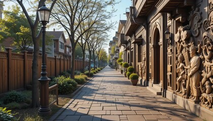 Obraz premium Morning Stroll Along Tree-Lined Walkway with Intricate Carvings