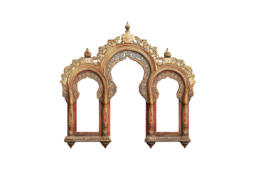 Ornate Triple Arch Wooden Frame Intricate Gold Detailing Rich Red Accents Exquisite Craftsmanship