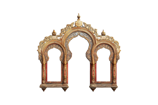 Ornate Triple Arch Wooden Frame Intricate Gold Detailing Rich Red Accents Exquisite Craftsmanship