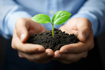 A close-up of hands holding soil with a young plant, symbolizing growth and sustainability in business practices. A businessman showing a plant in his hands.