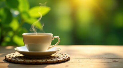 Fototapeta premium Aromatic Steam Rising from a Warm Cup of Beverage on a Wooden Table Outdoors in the Sunlight