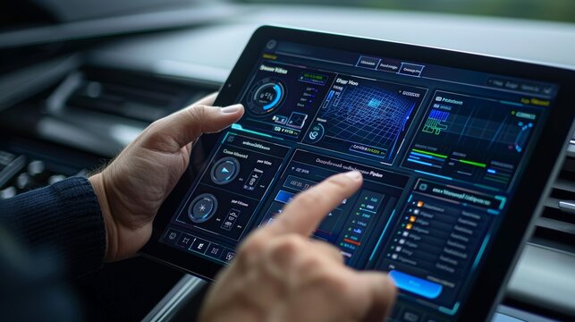 Smart fleet management app interface on tablet with electric vehicle icons and tech solutions