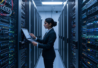 Technician analyzing data center operations with a tablet for optimal network performance.  
