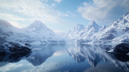 A majestic mountain range with snow-covered peaks, reflecting in the calm waters of an alpine lake at dawn. 