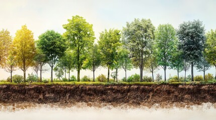 Obraz premium Seasonal Tree Row, Soil Cross-Section, Environmental Concept