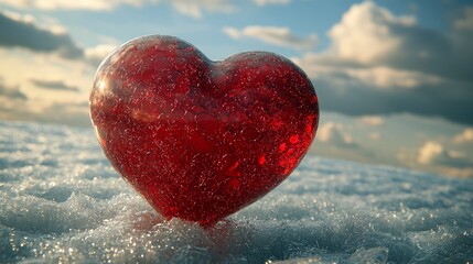 Red glass heart on snow, sunset sky. Love, romance, Valentine's